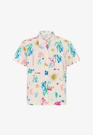 Korte mouwen overhemd met knopen van crèmekleurige katoen, voorzien van een kleurrijke zeethema-print met groen-, blauw-, roze- en gouden accenten.