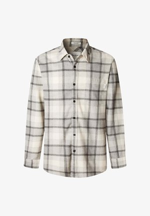 Pikend varrukad, nööpidega särk musta ja halli ruudulise mustriga, rinnatasku ja tavaline krae valgel taustal.