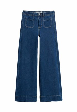 Wide-leg blue denim jeans with front patch pockets, belt loops, button closure, and visible stitching details.