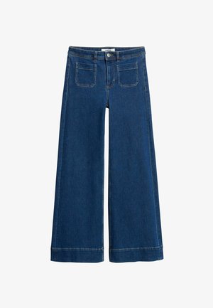 Wide-leg blue denim jeans with front patch pockets, belt loops, button closure, and visible stitching details.