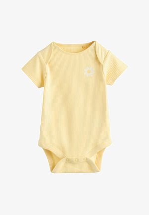 Body giallo a maniche corte con costine, collo rotondo e ricamo di un fiore bianco sul petto. Chiusura con bottoni a pressione sul fondo.