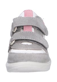 Grey suede sneakers with white accents, velcro straps, and a pink stripe. Rounded toe and textured sole.