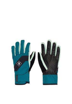 Pair of teal and black winter gloves with textured palm grip, adjustable wrist strap, and light gray accents on fingers.