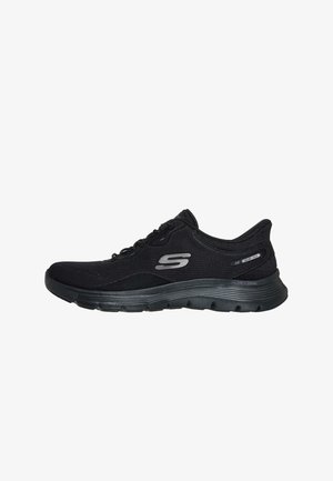 Black sneaker with a breathable mesh upper, plush sole, and "S" logo. Features textured accents and a lightweight design for comfort.