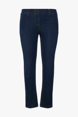 Mørkeblå straight-leg denimjeans med elastisk talje og synlige syninger foran og på siderne.