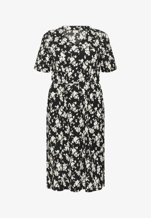 Vestido negro con estampado floral, de manga corta, con escote en V, cintura ceñida y patrones florales blancos. Tejido ligero, hasta las rodillas.