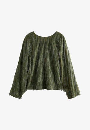 Vihreä, tekstuurilla varustettu paita, jossa on löysät pitkät hihat ja pyöreä pääntie. Materiaali sisältää röyhelöyksityiskohtia lisäämään syvyyttä.