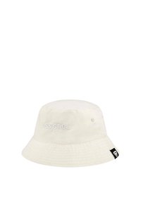 Cappello a secchiello bianco in cotone con logo ricamato "ROSSIGNOL" e un'etichetta nera sul lato. Presenta un ampio bordo inclinato verso il basso.