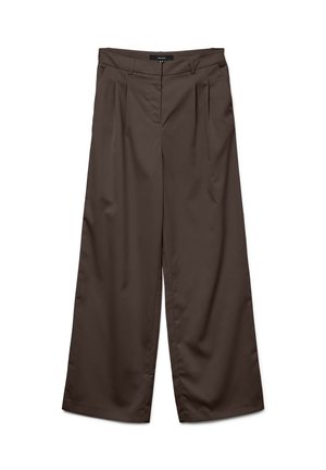 Wide-leg trousers in dark brown fabric with a smooth texture. Features include pleats at the front and a standard waistband.
