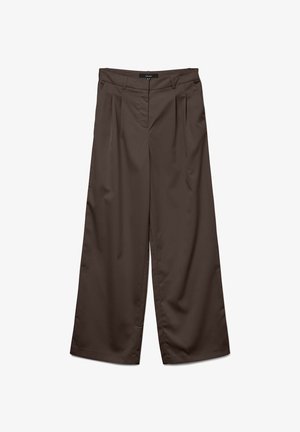 Vide bukser i mørkebrunt stof med en glat overflade. Funktioner omfatter plisseringer foran og en standard talje.