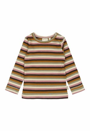 T-shirt à manches longues rayé dans des teintes de brun, rose et beige. Texture côtelée avec des pressions à l'épaule et des coutures contrastées aux manches.