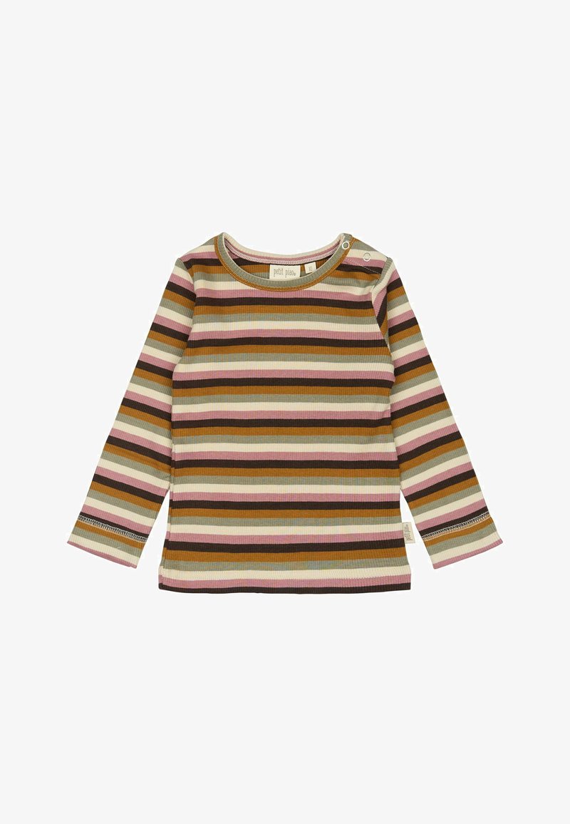 Gestreepte lange mouwen top in bruin, roze en beige kleuren. Geribbelde textuur met drukknoopsluiting op de schouders en contrasterende stiksel aan de mouwen.