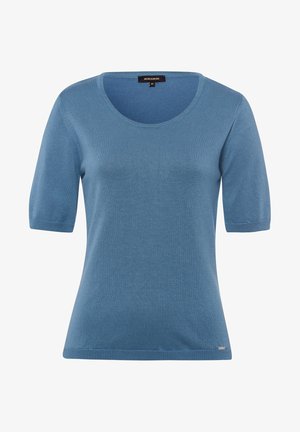 Blauw gebreid topje met korte mouwen en een ronde hals, een gladde textuur en een klein logo detail aan de zoom. Gemaakt van een katoenmix voor comfort.