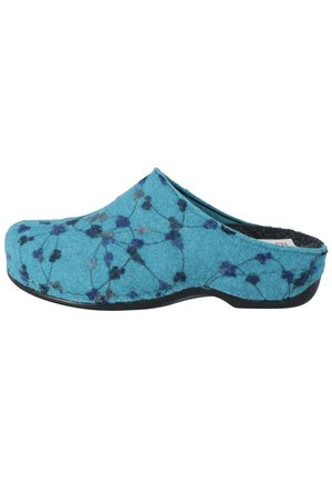 Blue felt clog with a dark blue and purple pattern, rounded toe, and black rubber sole. Seam detailing accentuates the upper design.