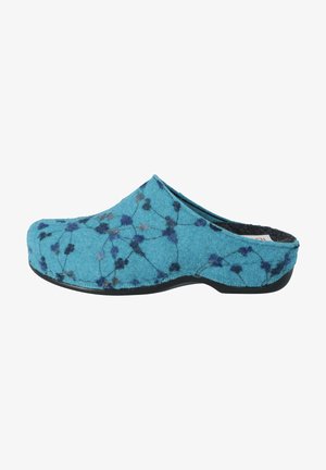 Blue felt clog with a dark blue and purple pattern, rounded toe, and black rubber sole. Seam detailing accentuates the upper design.