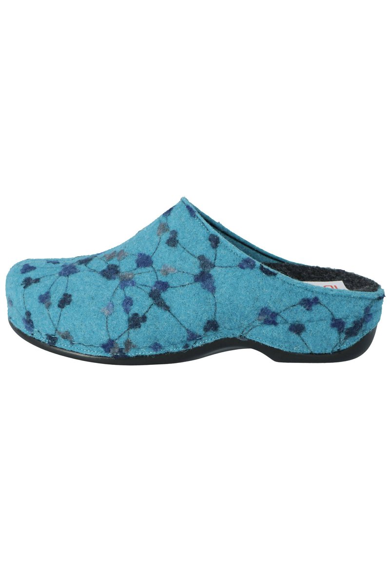 Blaue Filzclogs mit einem dunkelblauen und lila Muster, runder Zehenpartie und schwarzer Gummisohle. Nahtdetails betonen das Oberdesign.