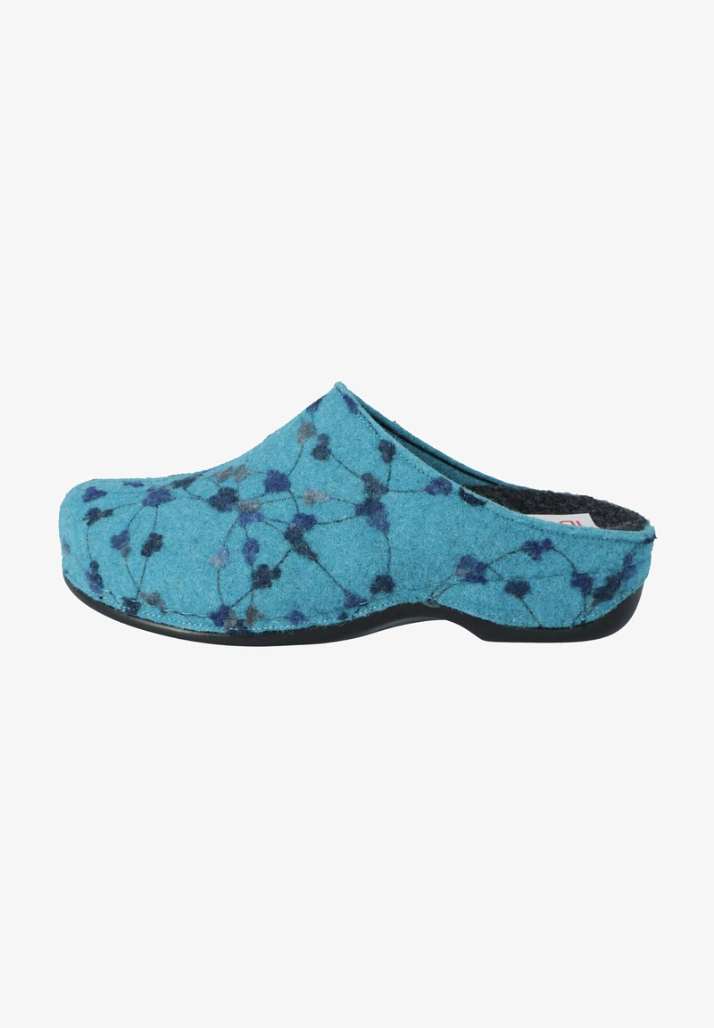 Blaue Filzclogs mit einem dunkelblauen und lila Muster, runder Zehenpartie und schwarzer Gummisohle. Nahtdetails betonen das Oberdesign.