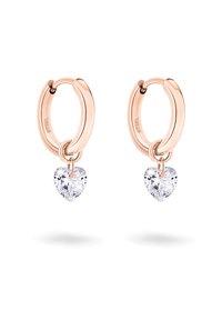 Ohrringe aus Roségold in Form von Creolen mit einem abnehmbaren, herzförmigen Kristallanhänger, polierte Oberfläche und glatte Textur. Akzente mit subtilen Designdetails.