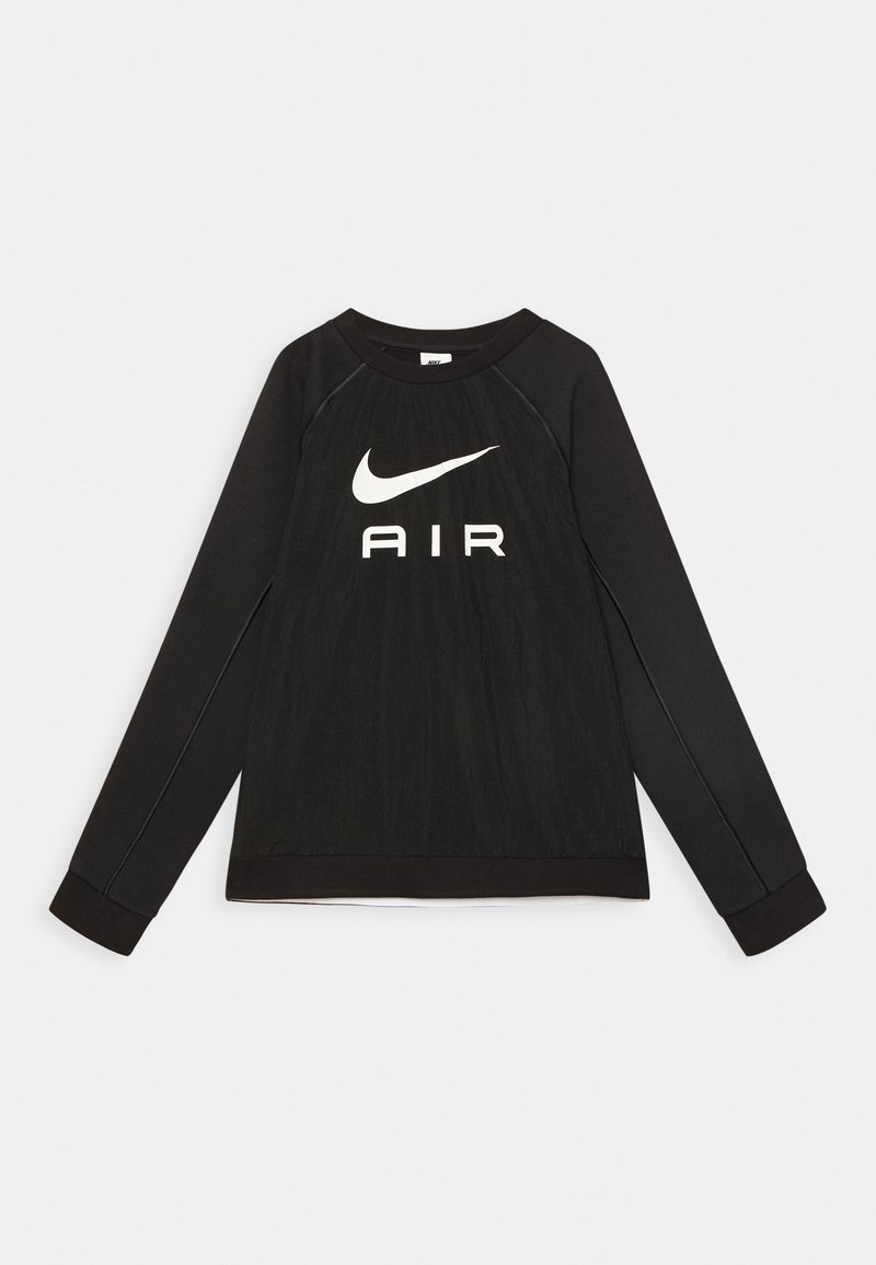 Svart långärmad sweatshirt i texturerad tyg, med vit "Nike"-logotyp och "AIR"-text på framsidan. Ribbad krage och manschetter.