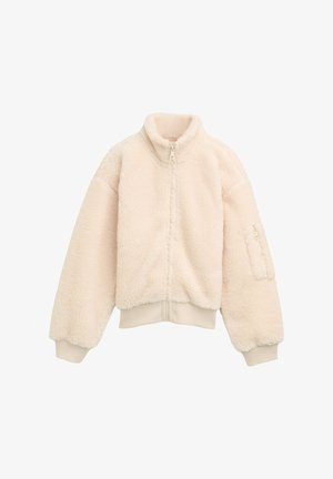 Veste zippée en polaire de couleur crème douce, avec un col haut, des poignets côtelés et une poche zippée sur le bras gauche. Ajustement confortable et ample.