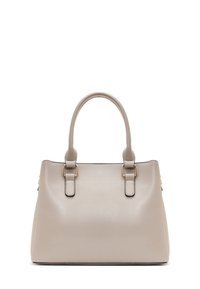 Sac à main en cuir beige avec deux poignées supérieures, base plate et forme structurée. Comprend des accessoires en métal doré et des bordures noires contrastantes.