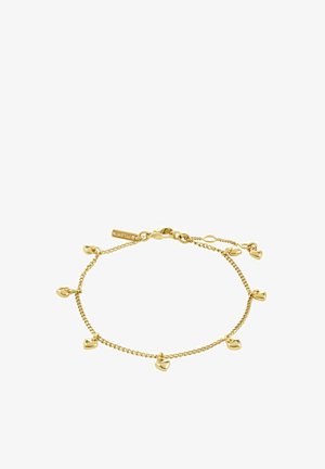 Bracelet en chaîne dorée avec de petits pendentifs en forme de cœur. Le design léger comprend un fermoir en homard pour une taille ajustable.