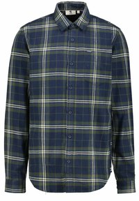 Marinblå rutig skjorta i bomullsflanell. Har gröna och vita linjer med krage och långa ärmar. Inkluderar en bröstficka.