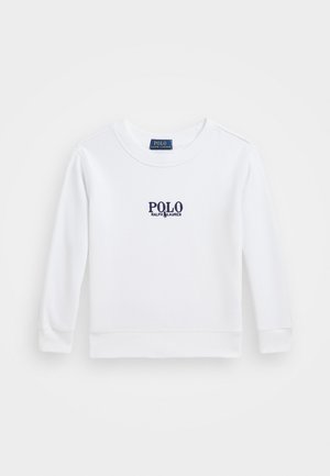 S sweatshirt branco de manga longa com decote redondo. Apresenta um logo bordado em azul "POLO RALPH LAUREN" no peito. Tecido suave, punhos ajustados.