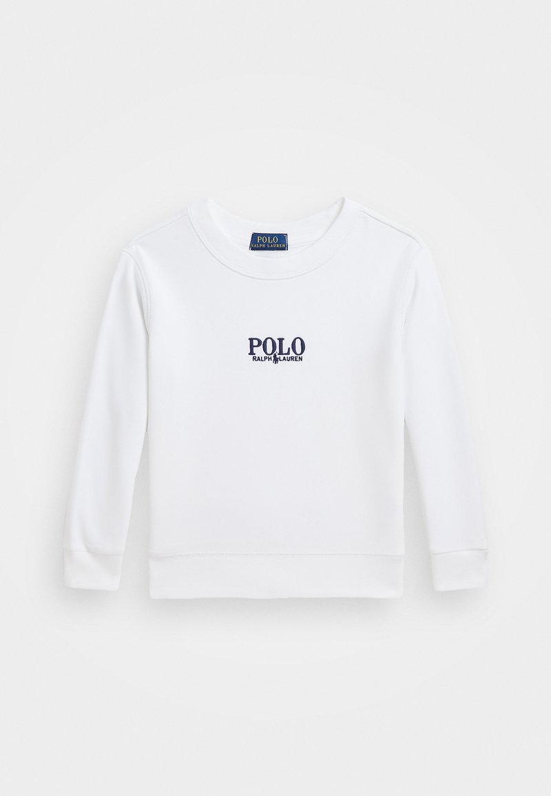 S sweatshirt branco de manga longa com decote redondo. Apresenta um logo bordado em azul "POLO RALPH LAUREN" no peito. Tecido suave, punhos ajustados.