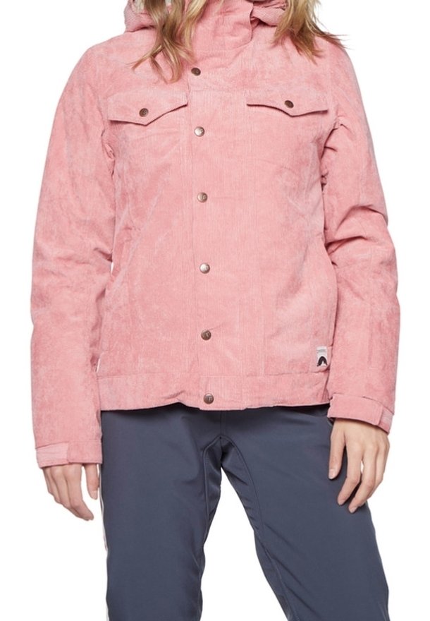 Rosa Cord-Jacke mit einer kapuzenlosen Reißverschluss, Druckknöpfen, zwei Brusttaschen und einem Logo-Patch auf der linken Seite. Lange Ärmel und strukturierter Stoff.