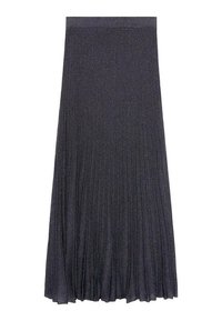 Jupe plissée grise fabriquée dans un matériau doux et extensible. Dotée d'une large taille, elle tombe en dessous du genou avec une silhouette fluide.