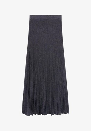 Šedá plisovaná sukně vyrobená z měkkého, pružného materiálu. Má široký pas a sahá pod kolena s volným siluetou.