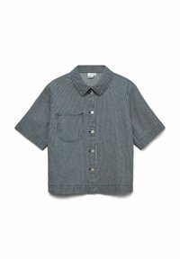 Camisa de manga corta en tejido a rayas de color azul oscuro y blanco; cuenta con un botón en la parte frontal y un bolsillo en el lado izquierdo.