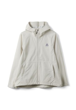 Chaqueta con capucha de color gris claro con cremallera frontal, dos bolsillos laterales y un pequeño logo de Altavia en el pecho.