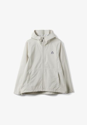 Chaqueta con capucha de color gris claro con cremallera frontal, dos bolsillos laterales y un pequeño logo de Altavia en el pecho.