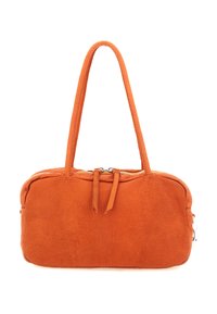 Borsa a mano in pelle arancione con texture, dotata di due spallacci, chiusura con cerniera e forma strutturata. Presenta cuciture sottili e una finitura liscia.