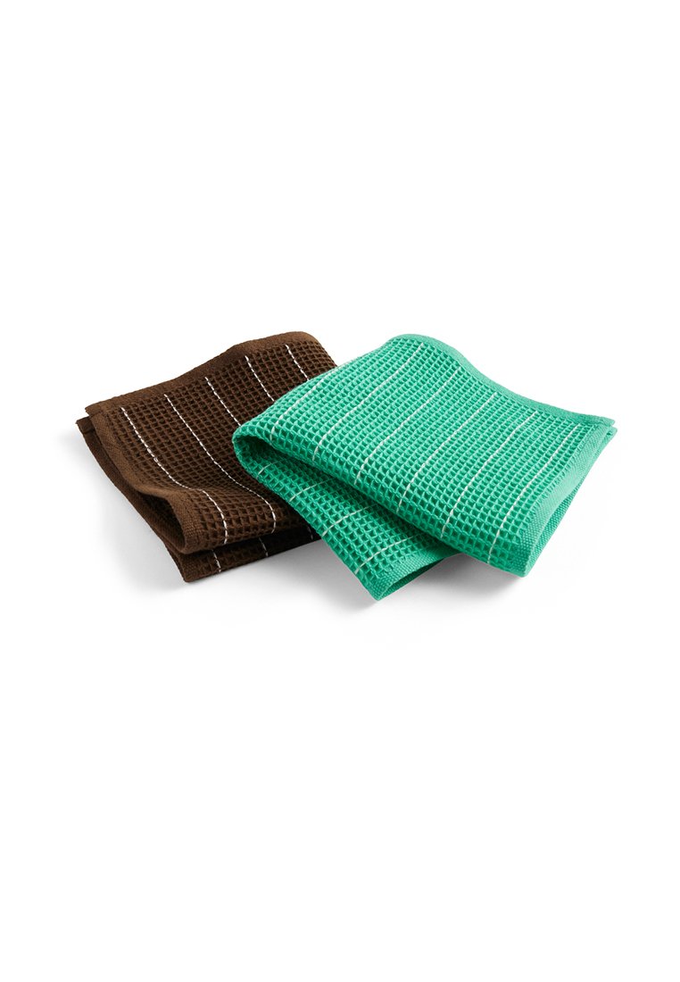 Dwie ściereczki do naczyń: jedna brązowa o teksturowanej powierzchni i białych paskach, a druga turkusowa z wzorem w kratkę i gładką teksturą.