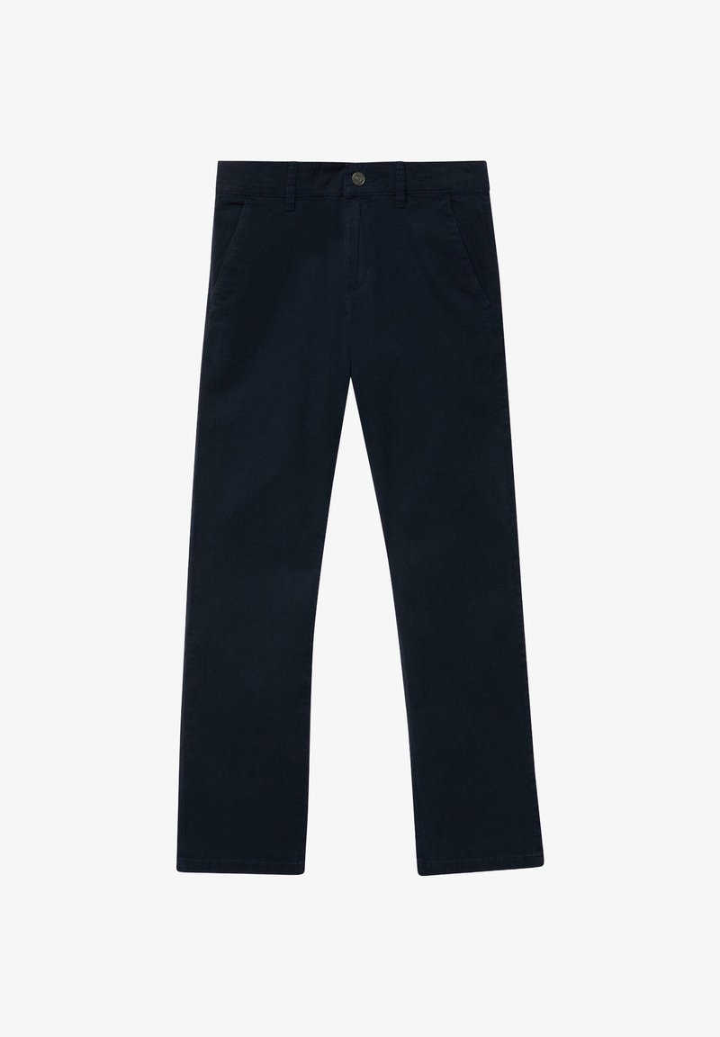 Tmavomodré nohavice chino vyrobené z bavlny; dizajn s rovnými nohavicami, dvoma bočnými vreckami a predným zapínaním na gombíky. Hladká textúra s minimálnymi detailmi.