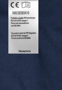 Merentekstiilitunnus turvallisuustiedot. Tekstissä on vaatimustenmukaisuustiedot, ohjeet useilla kielillä sekä hoito-ohjeet.