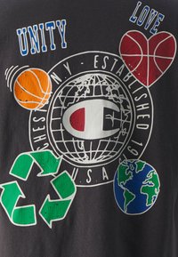 Black t-shirt featuring graphic design with "UNITY" and "LOVE," basketball, globe, and recycling symbols in red, green, and orange.