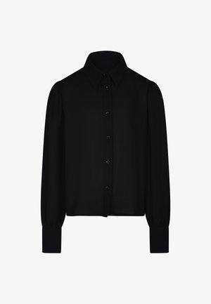 Sort langærmet bluse med krave, knaplukning fortil og indsamlede puffærmer. Glat stof med en skræddersyet pasform.