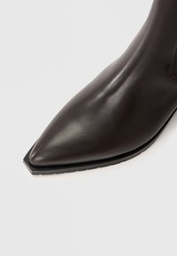 Bocanci din piele maro cu glezna, având vârful ascuțit și o suprafață texturată, cu o talpă subțire din cauciuc negru și elemente de design minimalist.