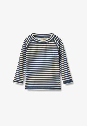 Langærmet skjorte lavet af strækbart stof, med marineblå og cremefarvede vandrette striber, rund halsudskæring og forstærkede syninger.