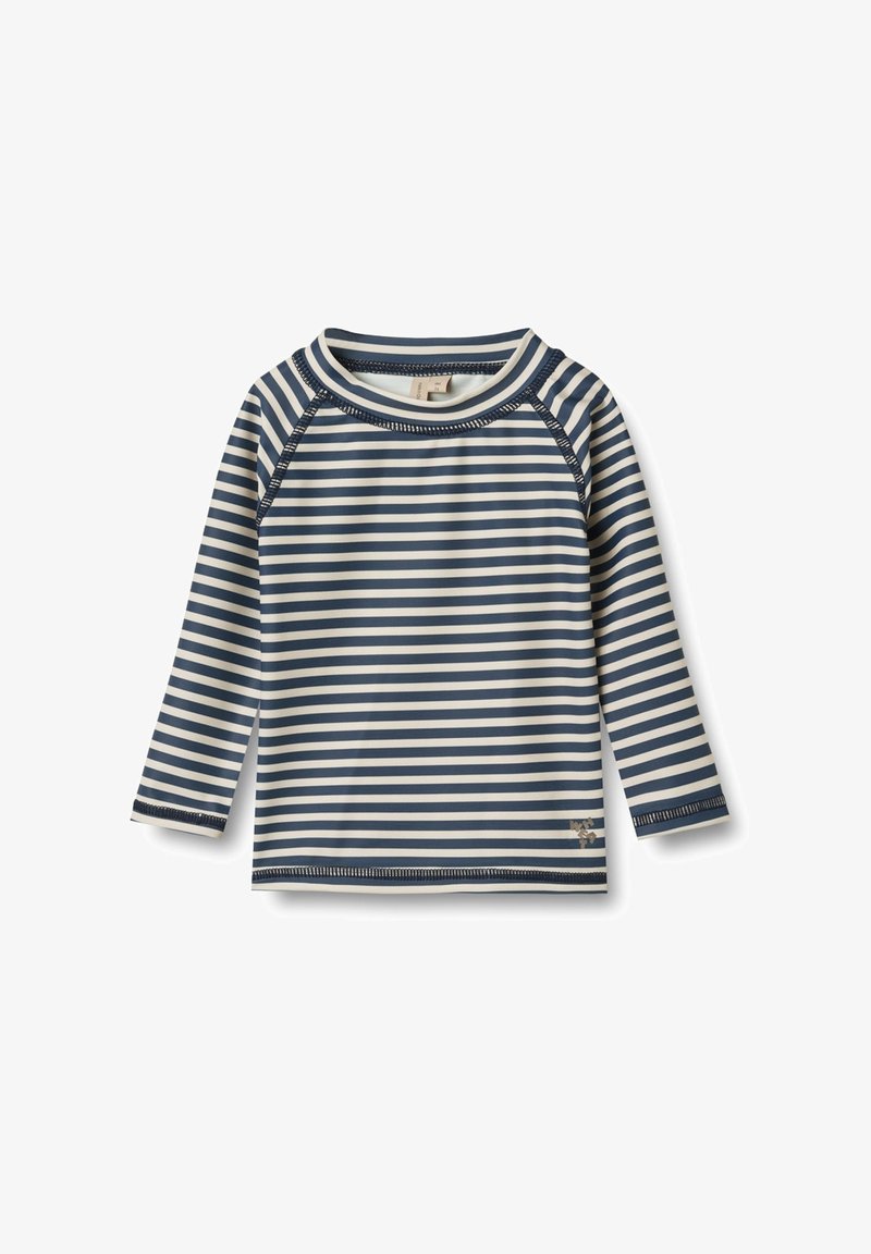 Langärmliges Shirt aus elastischem Stoff, mit horizontalen Streifen in Marineblau und Creme, runder Ausschnitt und verstärkten Nähdetails.