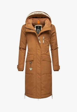 Brown padded coat with a hood, two front pockets, silver hardware, and a heart-shaped pendant. Zipper at the bottom for adjustment.