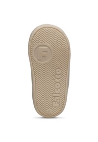 Semelle de chaussure en caoutchouc beige clair avec un motif en chevrons, marquée avec "F" et "Falcotto." Présente un logo rond et une taille "19."