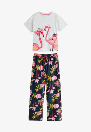 Set za pižame iz bombaža z bledosivim topom s kratkimi rokavi, okrašenim s podobo roza flamingov, in mornarskimi hlačami, ki so okrašene s tropskimi vzorci in barvami.