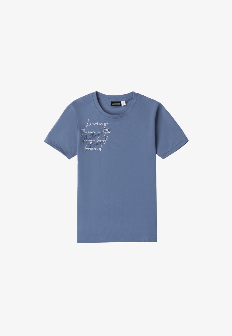T-shirt en coton bleu à manches courtes, col rond, avec un texte en argent métallisé qui dit "Vivre le temps avec ma meilleure marque."