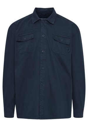 Donkerblauwe lange mouwen shirt van katoen, met een knoopsluiting aan de voorkant, twee borstzakken en een standaardkraag met zichtbare stiksels.
