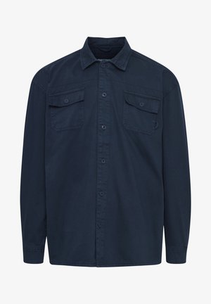 Navy blue long-sleeve shirt made of cotton, featuring a button-down front, two chest pockets, and a standard collar with visible stitching.